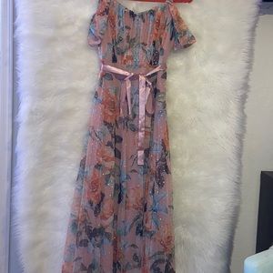Candalite pink chiffon cold shoulder floral maxi dress size XL